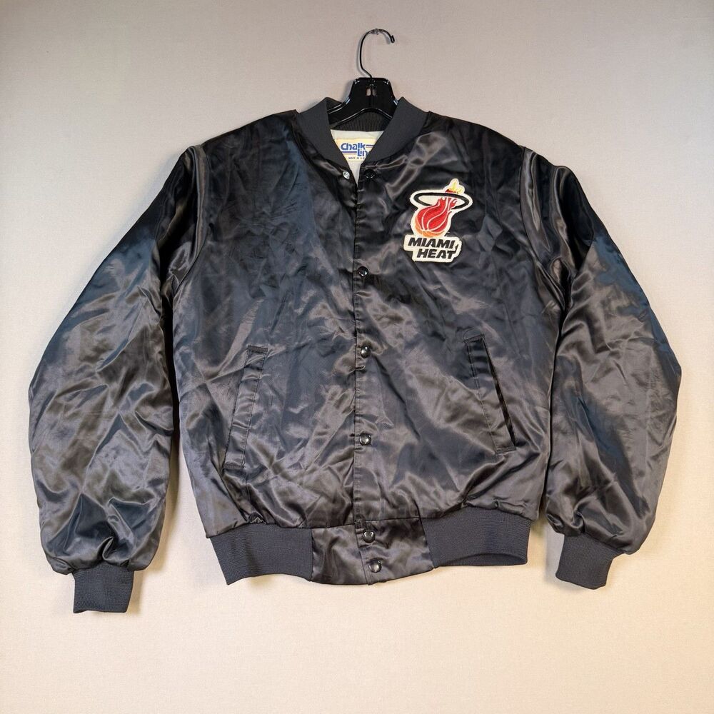 VTG Miami Heat Jacket Mens Small Black NBA Basketball Chalk Line Satin 90s USA